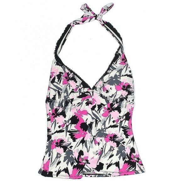 Kenneth Cole New York Pink Floral Tankini Halter Top Black Lace Ruffle - Picture 1 of 8